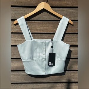 The Kooples Mint Green Satin Crop Top Pearl Button Front Square Neck XS NWT $150